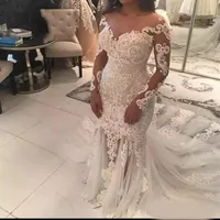Sexy Mermaid Lace Wedding Dresses With Sheer Neckline Appliques Illusion Long Sleeves Wedding Dress See Through Tulle Long Train B191k