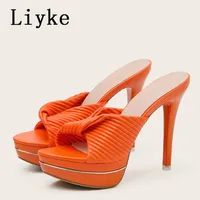 Liyke Sexy High Heels 13cm 슬리퍼 여성 오렌지 주름 가죽 디자인 플랫폼 샌들 오픈 발가락 활주도 파티 신발 220517