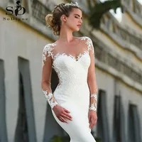 Vintage Mermaid Wedding Dress Scoop-Neck Full Sleeves Wedding Gowns Zipper Back Lace Satin Bride Dress Robe Mariee Dentelle 201114