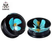 Kubooz Blue Flower Glass Single Flared Ear Plugs And Tunnels Piercing Earring Gauges Expanders Body Jewelry Whole 8mm to 16mm 299g