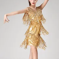Casual Dresses Lady Stage Performance Costume Sexig Shiny Double V-ringad ärmlös paljett Tassel Latin Jazz Cha-Cha Ballroom Dance Dress Vest