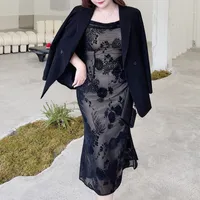 22ss Artı Boyutu Dantel Çiçek Askı Örgü Kumaş Mermaid Elbise Kadınlar Siyah Lady Rahat Zarif Midi Parantez Etek 4XL