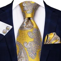Bow Ties Yellow Silver Paisley Silk Wedding Tie For Men Handky Cufflink Gift Necktie Fashion Design Business Party Dropshiping Hi-Tie
