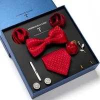 fashion Ties For Men Silk Butterfly Bowtie Red Designer Hanky Cufflinks Lapel Pin Tie Clips Set In Nice Gift Box Packing 220409
