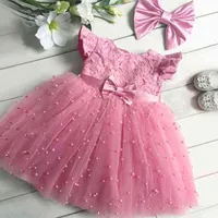 Baby Girl Dress Lace Flower 1st Birthday Pärledklänning Nyfödd Baby Girl Baptism Dress Baby Party Princess Pink Vestidos J220516