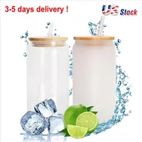3 days delivery 12oz 16oz Sublimation Glass Can Tumbler Clear Frosted Jar with Bamboo Lid Wide Mouth Beer Cup Festival Party Wine Tumblers C0629