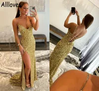 Shiny Gold Sequined Evening Prom Dresses Sexiga Spaghetti Straps V Neck Lace-Up Back Formal Party Wear Side Slit Arabic Aso Ebi Second Reception Dress Vestidos CL0455
