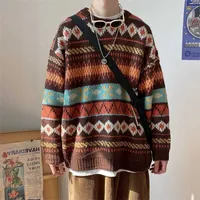 Свитеры мужчин Houzhou вязаный винтажный графический свитер с узором Brown 220823