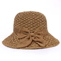 Bowknot 여성이있는 종이 밀짚 양동이 모자 여름 해변 태양 보호 모자 여성 캐주얼 어부 모자 Sombreros de mujer