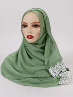 Scarves 2022 Muslim Chiffon Hijab With White Flower Leafs Scarf Women Soft Long Shawls And Wraps Islamic Head Ladies Hijabs