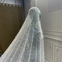 YouLapan V09L Luxury Cathedral Bridal Veil 1 Tier Long Wedding Pearl Veil med olika storlek av pärlor Delikat Nail Bead Veu