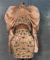 المغرب من قطعتين مجموعة عالية الرقبة مصغرة فستان حفلة موسيقية بالخرز كريستال الماس ، ثوب الحفل الفواس