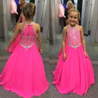 Розовые Fushcia Little Girls Pageant Dress Frings Crystalls Beadings Chefon Long Kids Dress Dress Gowns Flower Girl Платье 2019 CUS220C
