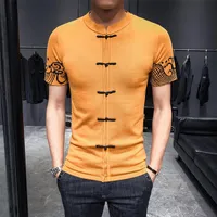 Camisetas masculinas suéter de tricô de botão chinês manga lateral jacquard weave homem autocultivação curta camisetas hombremen's