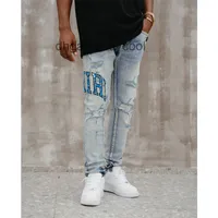 Top Jeans Amirs Diseñador Jean Mens Pant 22 Top Original High Street Fashion Washing Blue Anacardo Nuez Flower Letrero Bordado de cuero Hole