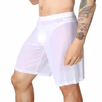 Boxer Shorts Men Underpant Sexy Mesh Sleep Bottoms Pajama Long Gay Sissy Underpants Transparent Cute Panties U Pouch White