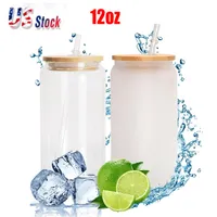 US Stock Sublimation Blanks 12 Unzen Glas Dose Gecker klare Saftwasserflasche mit Bambusdeckel DIY Milk Tasse für Geschenk