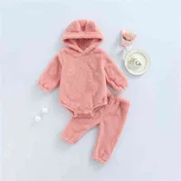 Months Baby Girl Plush Cartoon Ears Hooded Romper Trousers Toddler Kids Warm Thick Autumn Winter Clothes Sets Pink Y220519