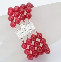 New 4 Row 8mm Red Chalcedony Stone Round Beads Bracelet fashion Women Girl gift Birthday Jewelry accessories 7.5&quot xu86