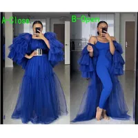 Мода Royal Blue Women Share Outfit A-Line Long Ruffles Tulle Mesh Платья для беременных Оденьки OpenClose Front Support