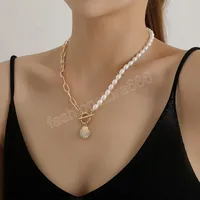 Einfache Schale Anhänger Halskette Casual Metall Gold Farbkette Simulierte Perlenperlen Halsketten Frauen Schmuck Schmuck