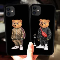 لجهاز iPhone 11 12 13 Pro Max Mini 7 8 Plus XS XR 6 6S 5S SE 2020 Black Case Cute Bear Fashion Grand Cover Silicone Silicone