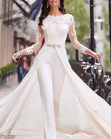 Elegant Long Sleeves Lace 2022 Gowns Wedding Dresses Jumpsuit Chiffon Applique Ruched Sweep Train Wedding Bridal Gown robe de mariée