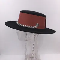 Bere Sombrero de Lana Británico Para Mujer, Gorra Plana Moda, Correa Cadena Y Rhinestone Tiro Estilo Callejero, Siyah