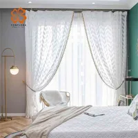 Moderne geometrische witte pure gordijnen voor woonkamer golven raam tule gordijn slaapkamer voile kwastjes pompom blind aangepast paneel 210913