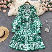 Casual Dresses Fashion Designer Runway Dress Spring Autumn Women Long Lantern Sleeve Single Breasted Floral-Print Lace-Up Mini S5929Casual