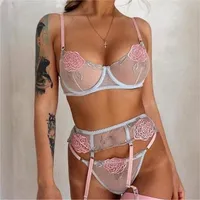 Bras Sets Womens Lingerie Set Luxury Floral Embroidery Langerie Sexy See Through Flower Three Pieces Lace Underwear Exotic Underwire Bra