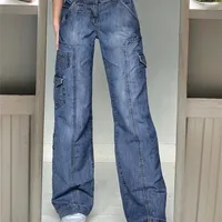 Waatfaak Harajuku Patchwork Cargo Jeans Y2K Blue oscuro High Wistwear 90s Jeans holgados Pantalones de mujer 220701