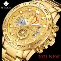 WWOOR Fashion Mens Watches Top Brand Luxury Gold Full Steel Quartz Watch Men Waterproof Sport Chronograph Relogio Masculino 220517