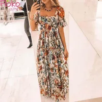 Casual Sukienki Flokocloset Summer Bohemian Drukuj Maxi Dress Dla Kobiet 2022 Kwadratowy Kołnierz Projekt Krótki Rękaw Party Długi Sundress