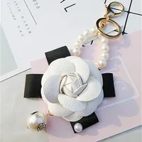Leather Camellia Flower Keychain Keyring For Women Leather Flower Bag Charm Glass Pearl Key Chain Gold Car Keyrings227x