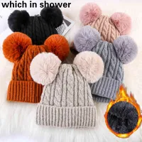 Fashion Women Two Faux Rabbit Fur Pompom Winter Hat Cap Thickened Warm Plus Veet Double Pom Cable Knitted Skulli Beanie