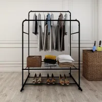 US Stock, Garment Rack Freestanding Hanger Double Rods Multi-functional Bedroom Clothing Rack 718C-BK