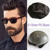 Evagloss Skin Pu Base Men Toupee 0.12mm 매듭 PU Remy Humm Hair Hair 교체 시스템 자연 헤어 라인 수제 남성 가발 헤어 피스 H220512