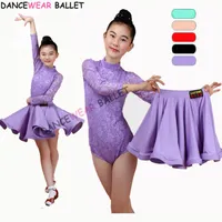 Stage Wear Girls Latin Dance Skirt Ballroom Salsa Tango Skirts Kid Child Lace Split Dress With Leotard And SkirtStage