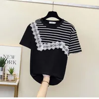 Women's T-Shirt Casual Women Short Sleeve Strip Printing Lace Patchwork Round Neck Pullover Loose OL Conmmuter Summer Ladies