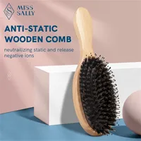 Miss Sally Wooden Hair Brush AntiStatic Scalp Massage Comb with Boar Bristle Air Cushion for Women Men Wet and Dry 220914