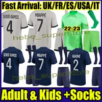 2022 2023 Volledige set met sokken Maillots de voetbal Mbappe Men Kids Jerseys Kits 21 22 23 Soccer Jersey PSGS Vierde Hakimi Shirt Uniform Maillot Foot Hommes Wijnaldum