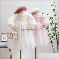 Girls Dresses Knitted Splicing Gauze Puff Sleeve Dress Kids Pearl Lace Tle Net Yarn Spring Autumn Children Pr Bdebaby Dhbc4