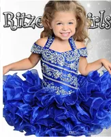 2022 Söt Royal Blue Cupcake Toddler Kids Girls Pageant Dresses Ball Glowns Off Shoulder Beaded Organza Mini Short Girl Dresses For Weddings B0606G16