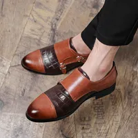 Monk Shoes Men PU Round Head Flat Bottom Break Classic Fashion Double Buckle Crocodile Pattern European and American Trend One Pedal Casual Leather Shoes DP281