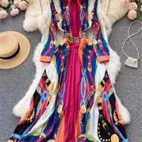 Fitaylor Spring Autumn Women Bohemian Print Polo Neck Long Sleeve Dress Female High Waist A line Holiday Style Pleated 220721