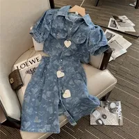Women Denim Dress Puff Sleeve Slim Waist Sexy Hollow Out Female Clothes Summer Chic Polo Neck Heart Decorate A-line Ladies 220504