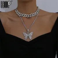 Chains 2pcs Kit Layered Butterfly Necklace Pendants Cuban Link Chain Set Luxury Rhinestones Choker For Women Men JewelryChains