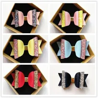 Fashion 12PCS Lovely Girls PU-Leather Glitter Patchwork Big Bowknots 10 5cm Hairpins Cute Kids Pink Yellow Hair Accessories Wholes249V
