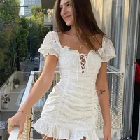 Lace Up Embriodery White Summer Dress Women Hollow Out Beach Press Puff Sleeve Rucked Ruched Bodycon Mini Dress Vestidos 220629